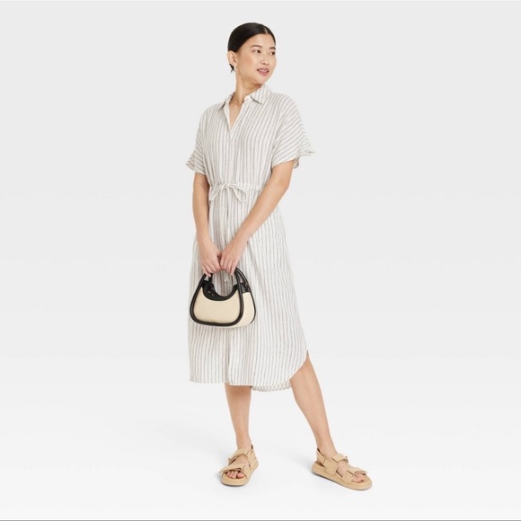 Women's Short Sleeve Linen Midi Shirtdress - A New Day Cream Striped M - Picture 2 of 5